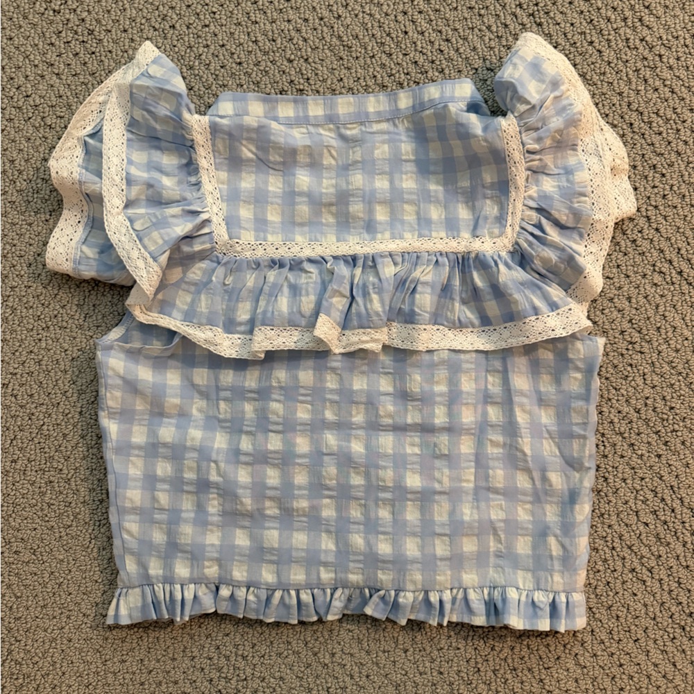 Doen esc Light Blue Gingham Ruffle Button-Front Blouse - Picture 2 of 2